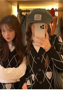 Y2K Grunge Argyle Heart Knitted Cardigan - Retro 90s Summer Outfit, Pastel Goth Style