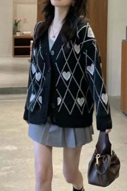 Y2K Grunge Argyle Heart Knitted Cardigan - Retro 90s Summer Outfit, Pastel Goth Style