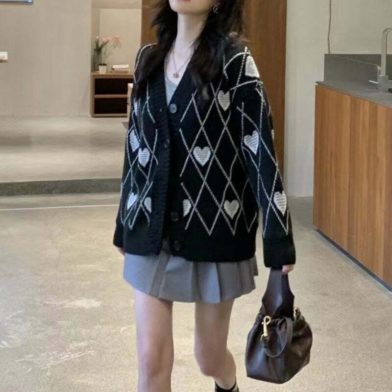 Y2K Grunge Argyle Heart Knitted Cardigan - Retro 90s Summer Outfit, Pastel Goth Style