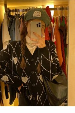 Y2K Grunge Argyle Heart Knitted Cardigan - Retro 90s Summer Outfit, Pastel Goth Style
