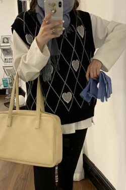 Y2K Grunge Argyle Heart Knitted Cardigan - Retro 90s Summer Outfit, Pastel Goth Style