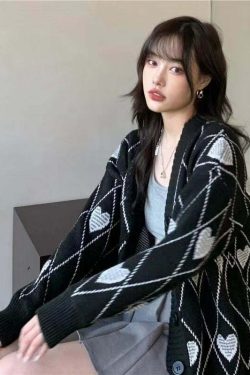 Y2K Grunge Argyle Heart Knitted Cardigan - Retro 90s Summer Outfit, Pastel Goth Style