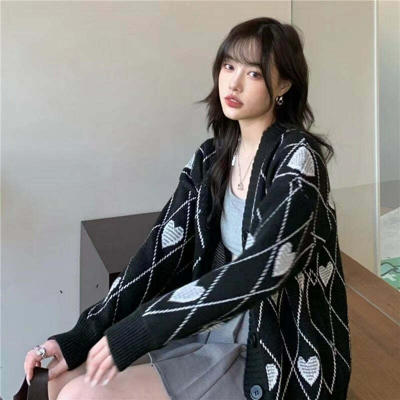 Y2K Grunge Argyle Heart Knitted Cardigan - Retro 90s Summer Outfit, Pastel Goth Style