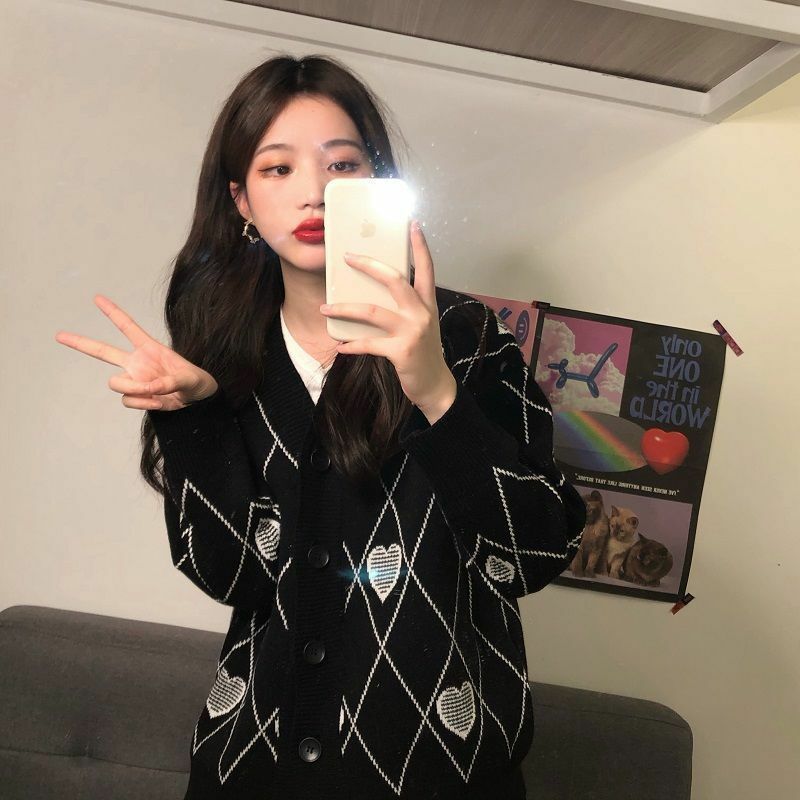 Y2K Grunge Argyle Heart Knitted Cardigan - Retro 90s Summer Outfit, Pastel Goth Style