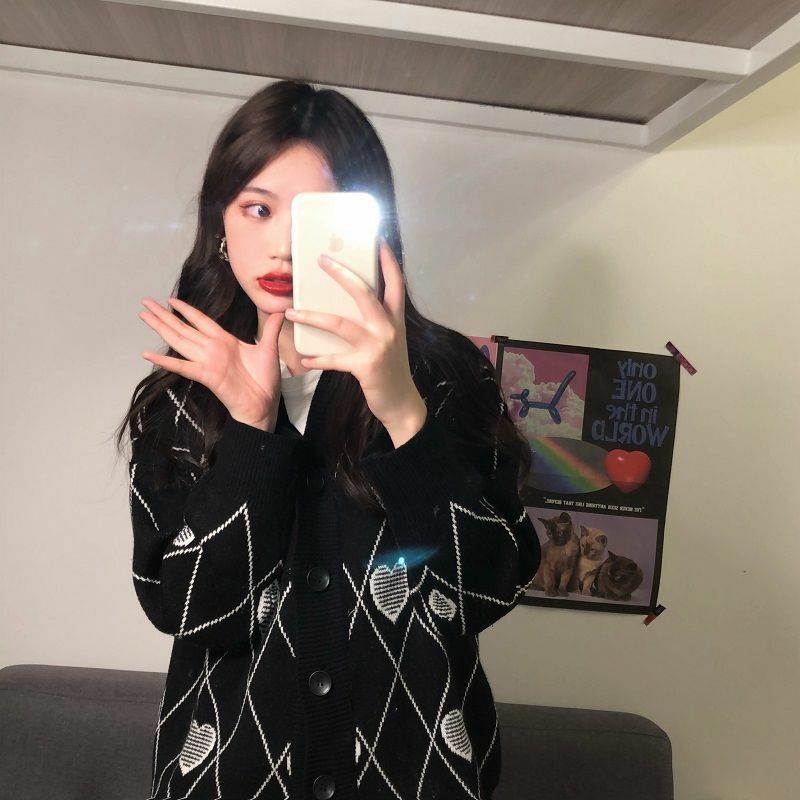 Y2K Grunge Argyle Heart Knitted Cardigan - Retro 90s Summer Outfit, Pastel Goth Style
