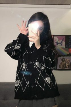 Y2K Grunge Argyle Heart Knitted Cardigan - Retro 90s Summer Outfit, Pastel Goth Style