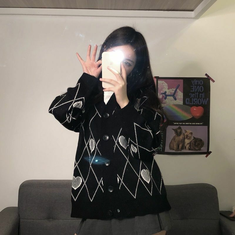 Y2K Grunge Argyle Heart Knitted Cardigan - Retro 90s Summer Outfit, Pastel Goth Style