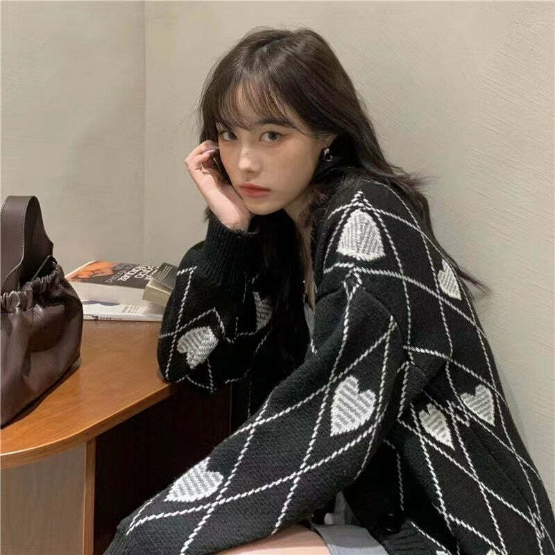 Y2K Grunge Argyle Heart Knitted Cardigan - Retro 90s Summer Outfit, Pastel Goth Style