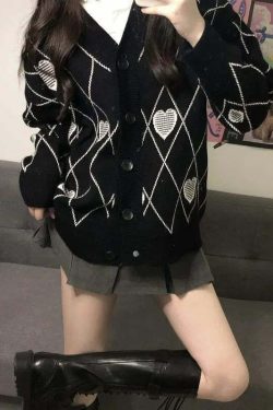 Y2K Grunge Argyle Heart Knitted Cardigan - Retro 90s Summer Outfit, Pastel Goth Style
