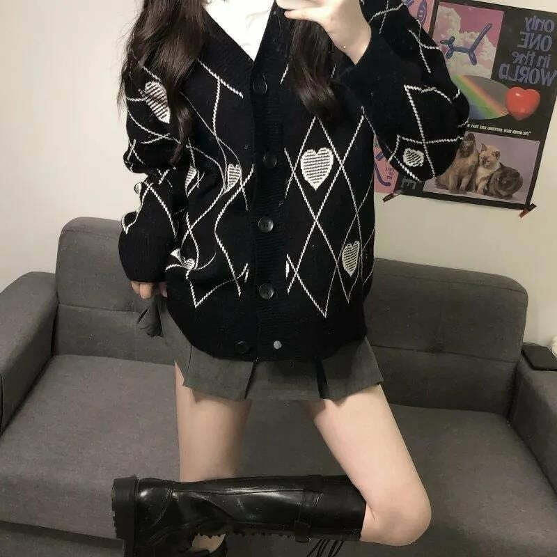 Y2K Grunge Argyle Heart Knitted Cardigan - Retro 90s Summer Outfit, Pastel Goth Style