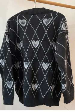 Y2K Grunge Argyle Heart Knitted Cardigan - Retro 90s Summer Outfit, Pastel Goth Style
