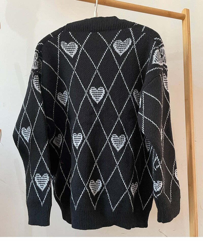 Y2K Grunge Argyle Heart Knitted Cardigan - Retro 90s Summer Outfit, Pastel Goth Style