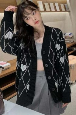 Y2K Grunge Argyle Heart Knitted Cardigan - Retro 90s Summer Outfit, Pastel Goth Style