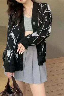 Y2K Grunge Argyle Heart Knitted Cardigan - Retro 90s Summer Outfit, Pastel Goth Style