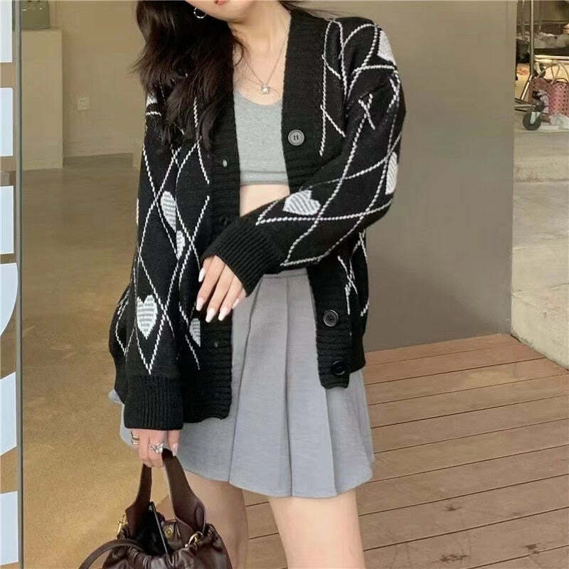 Y2K Grunge Argyle Heart Knitted Cardigan - Retro 90s Summer Outfit, Pastel Goth Style
