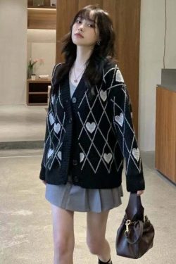 Y2K Grunge Argyle Heart Knitted Cardigan - Retro 90s Summer Outfit, Pastel Goth Style