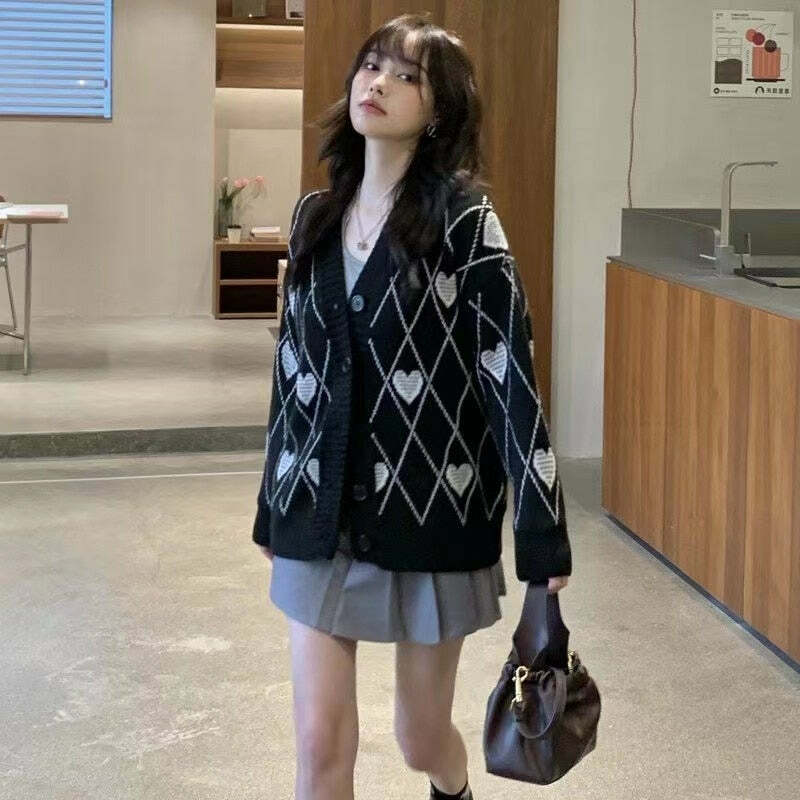 Y2K Grunge Argyle Heart Knitted Cardigan - Retro 90s Summer Outfit, Pastel Goth Style