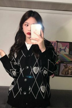 Y2K Grunge Argyle Heart Knitted Cardigan - Retro 90s Summer Outfit, Pastel Goth Style