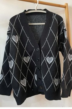 Y2K Grunge Argyle Heart Knitted Cardigan - Retro 90s Summer Outfit, Pastel Goth Style