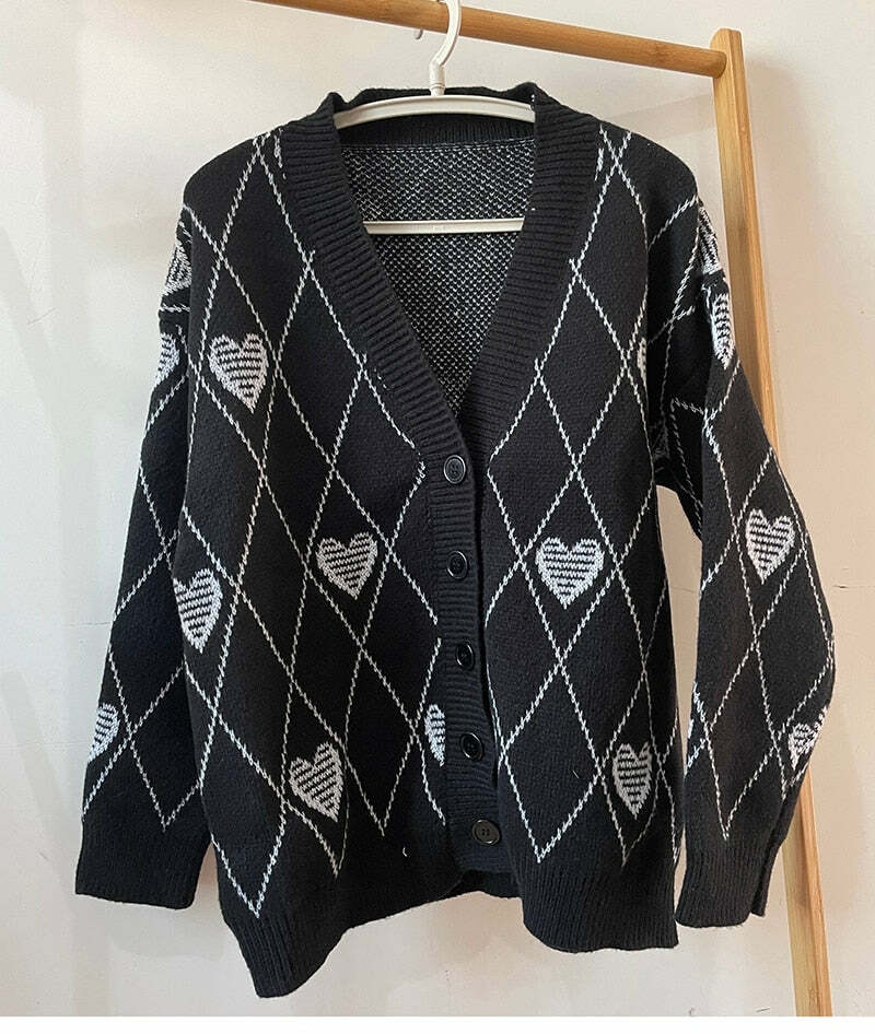 Y2K Grunge Argyle Heart Knitted Cardigan - Retro 90s Summer Outfit, Pastel Goth Style