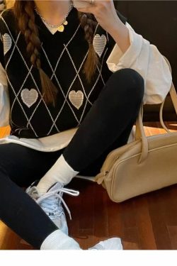 Y2K Grunge Argyle Heart Knitted Cardigan - Retro 90s Summer Outfit, Pastel Goth Style