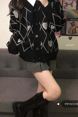 Y2K Grunge Argyle Heart Knitted Cardigan - Retro 90s Summer Outfit, Pastel Goth Style
