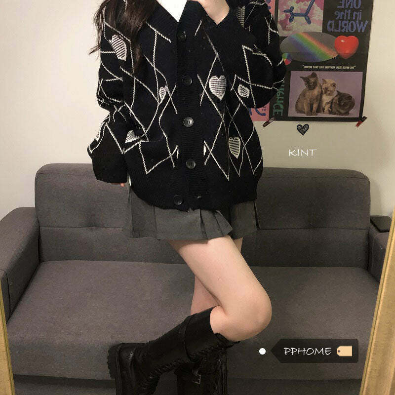 Y2K Grunge Argyle Heart Knitted Cardigan - Retro 90s Summer Outfit, Pastel Goth Style