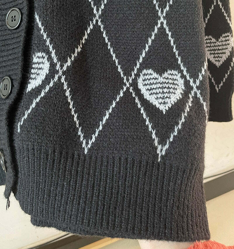 Y2K Grunge Argyle Heart Knitted Cardigan - Retro 90s Summer Outfit, Pastel Goth Style
