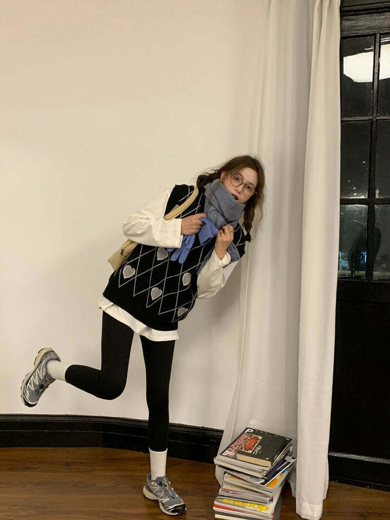 Y2K Grunge Argyle Heart Knitted Cardigan - Retro 90s Summer Outfit, Pastel Goth Style