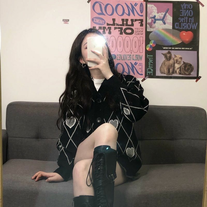 Y2K Grunge Argyle Heart Knitted Cardigan - Retro 90s Summer Outfit, Pastel Goth Style