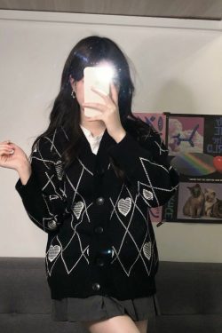 Y2K Grunge Argyle Heart Knitted Cardigan - Retro 90s Summer Outfit, Pastel Goth Style