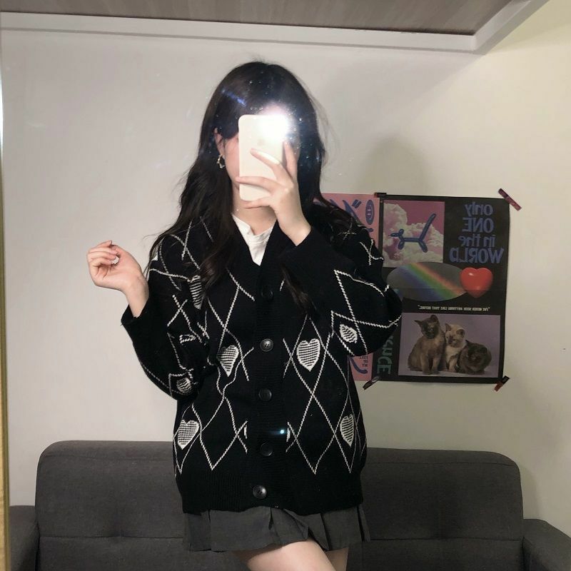 Y2K Grunge Argyle Heart Knitted Cardigan - Retro 90s Summer Outfit, Pastel Goth Style