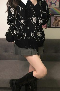 Y2K Grunge Argyle Heart Knitted Cardigan - Retro 90s Summer Outfit, Pastel Goth Style
