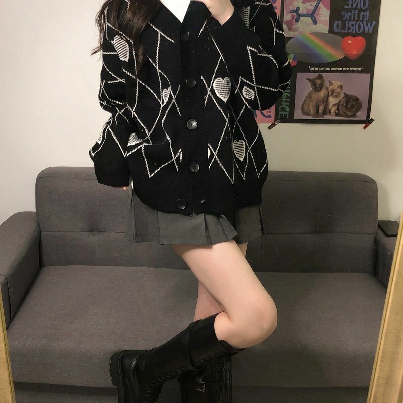 Y2K Grunge Argyle Heart Knitted Cardigan - Retro 90s Summer Outfit, Pastel Goth Style