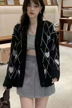 Y2K Grunge Argyle Heart Knitted Cardigan - Retro 90s Summer Outfit, Pastel Goth Style