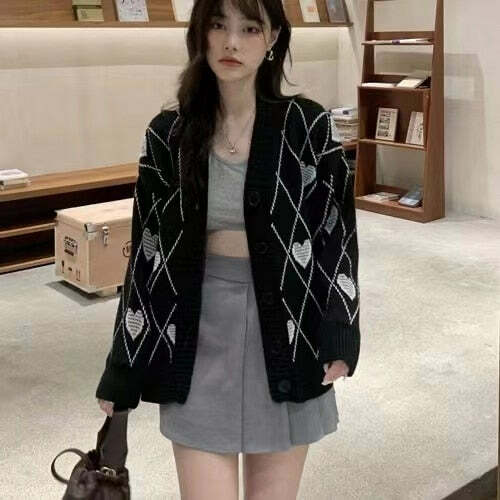 Y2K Grunge Argyle Heart Knitted Cardigan - Retro 90s Summer Outfit, Pastel Goth Style