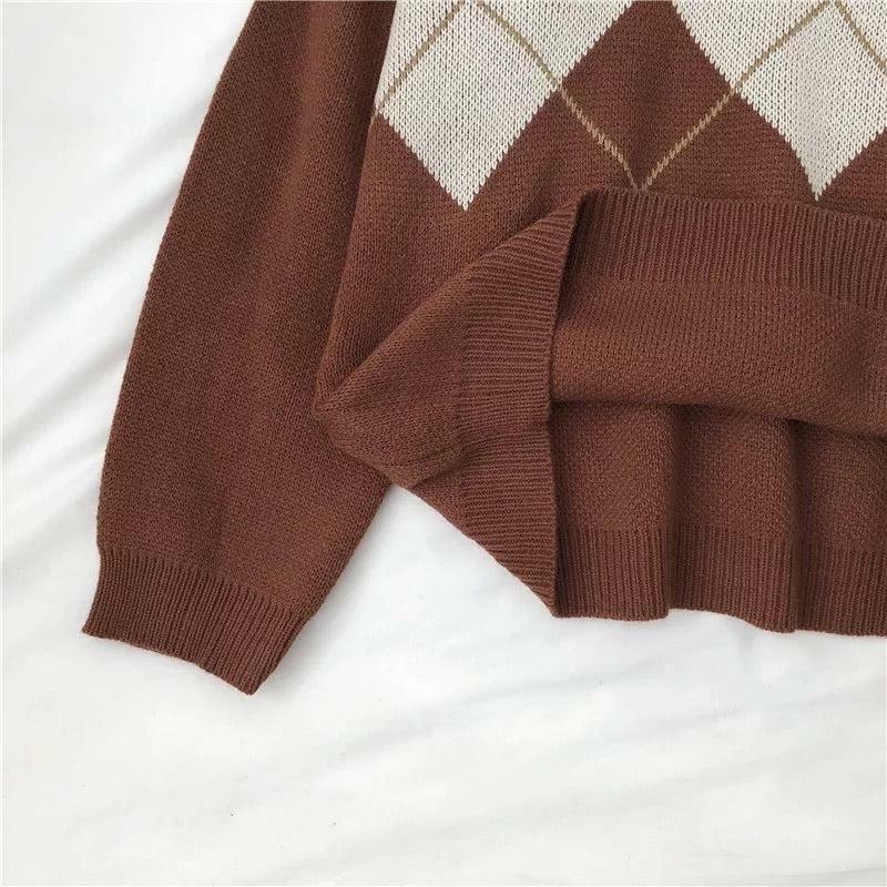Y2K Grunge Argyle Loose Sweater - Retro 90s Fashion, Summer Outfits, and Pastel Goth Style
