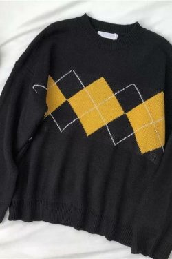Y2K Grunge Argyle Loose Sweater - Retro 90s Fashion, Summer Outfits, and Pastel Goth Style