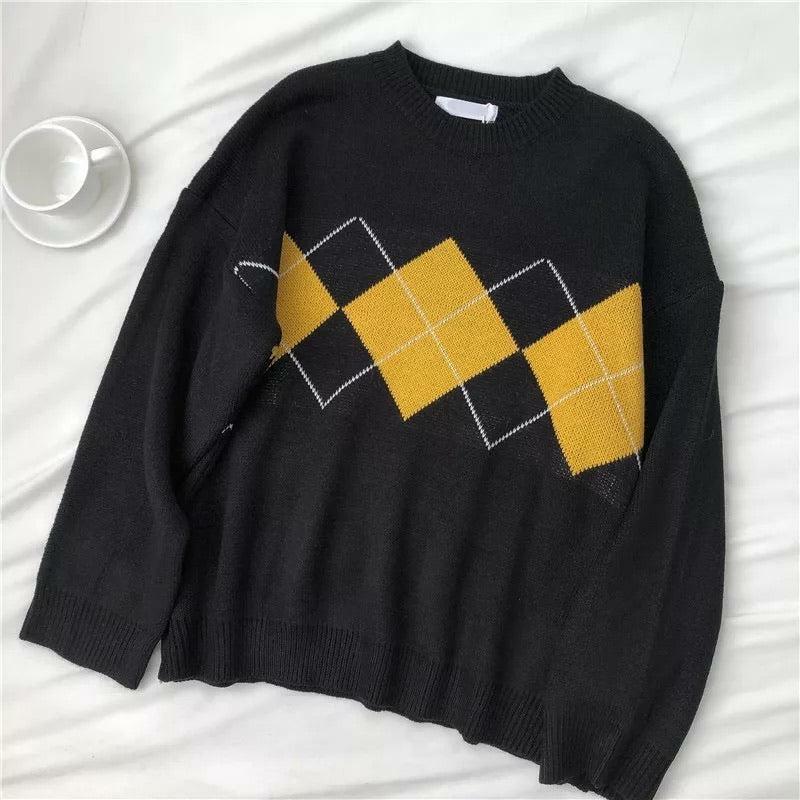 Y2K Grunge Argyle Loose Sweater - Retro 90s Fashion, Summer Outfits, and Pastel Goth Style