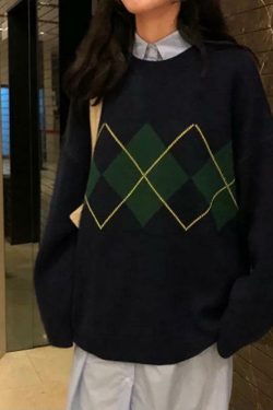 Y2K Grunge Argyle Loose Sweater - Retro 90s Fashion, Summer Outfits, and Pastel Goth Style