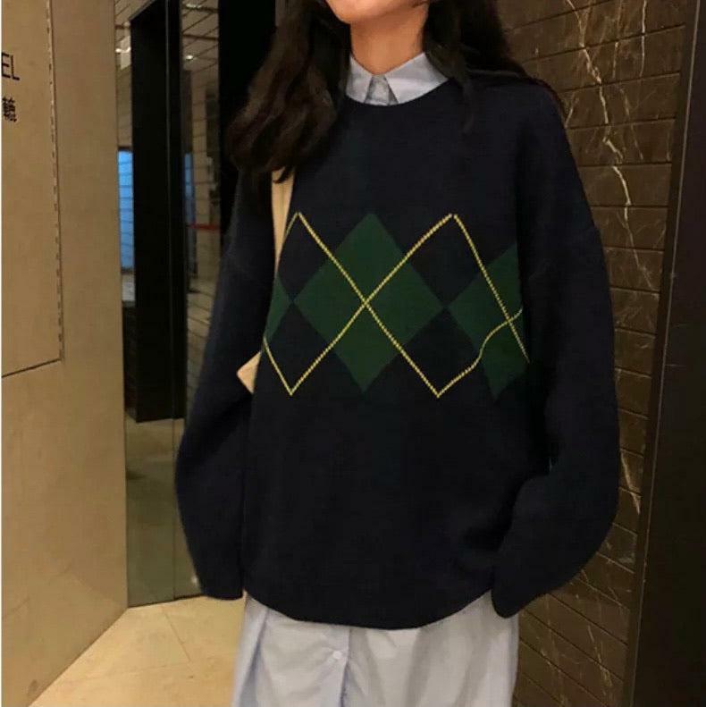 Y2K Grunge Argyle Loose Sweater - Retro 90s Fashion, Summer Outfits, and Pastel Goth Style