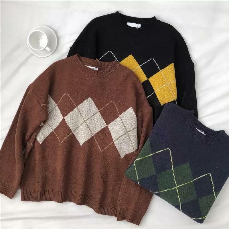 Y2K Grunge Argyle Loose Sweater - Retro 90s Fashion, Summer Outfits, and Pastel Goth Style