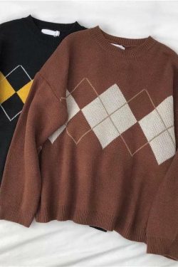 Y2K Grunge Argyle Loose Sweater - Retro 90s Fashion, Summer Outfits, and Pastel Goth Style