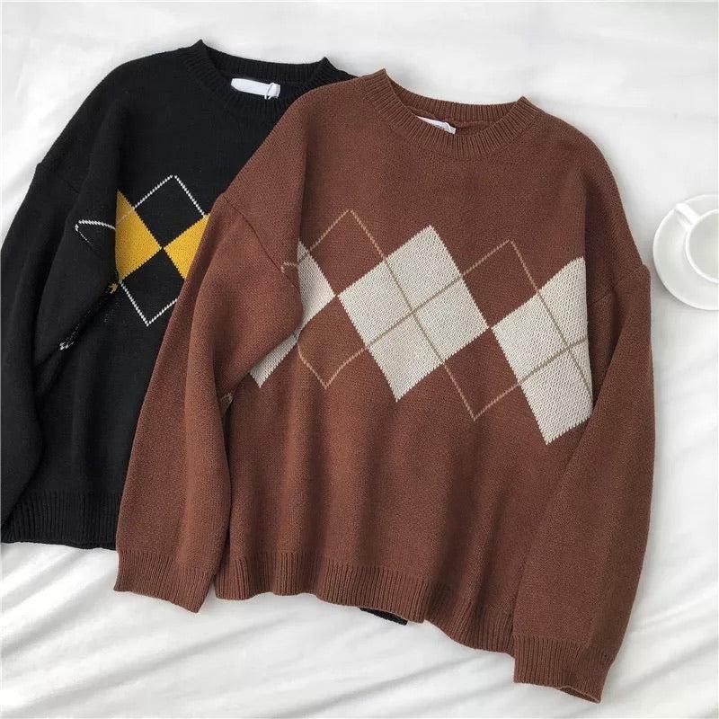 Y2K Grunge Argyle Loose Sweater - Retro 90s Fashion, Summer Outfits, and Pastel Goth Style