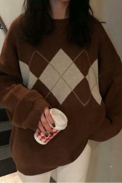 Y2K Grunge Argyle Loose Sweater - Retro 90s Fashion, Summer Outfits, and Pastel Goth Style