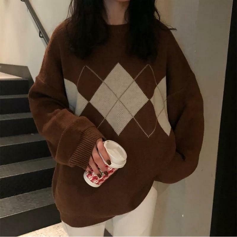Y2K Grunge Argyle Loose Sweater - Retro 90s Fashion, Summer Outfits, and Pastel Goth Style