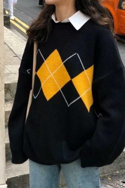 Y2K Grunge Argyle Loose Sweater - Retro 90s Fashion, Summer Outfits, and Pastel Goth Style