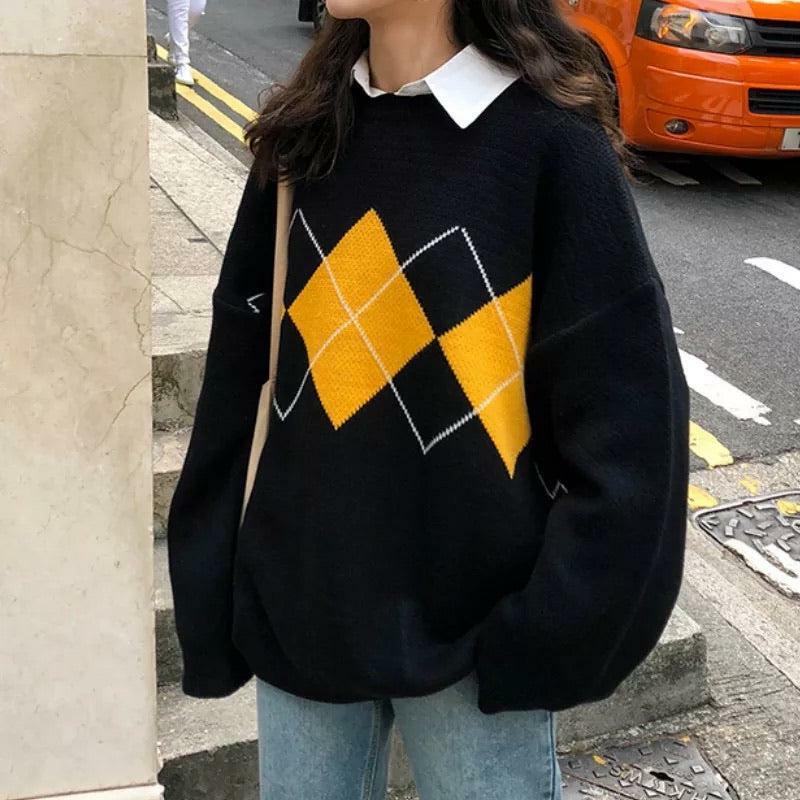 Y2K Grunge Argyle Loose Sweater - Retro 90s Fashion, Summer Outfits, and Pastel Goth Style