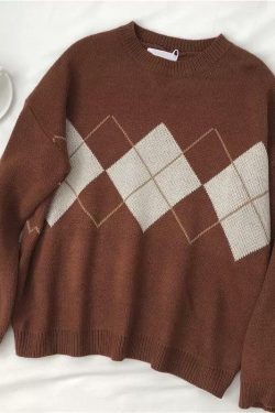 Y2K Grunge Argyle Loose Sweater - Retro 90s Fashion, Summer Outfits, and Pastel Goth Style