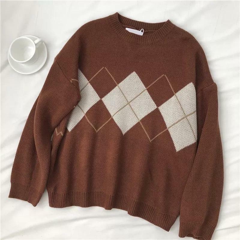Y2K Grunge Argyle Loose Sweater - Retro 90s Fashion, Summer Outfits, and Pastel Goth Style